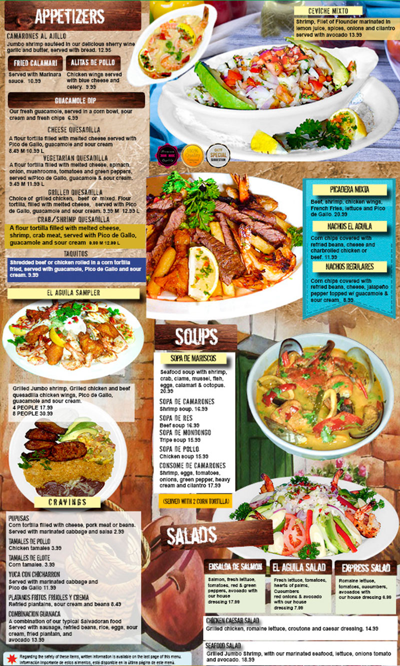 Menu El Aguila Mexican and Salvadorean food restaurant Silver Spring MD